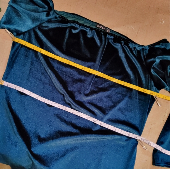 Boohoo Stretch Blue Green Velvet Off Shoulder Midi Dress Size 20 - Picture 5 of 9